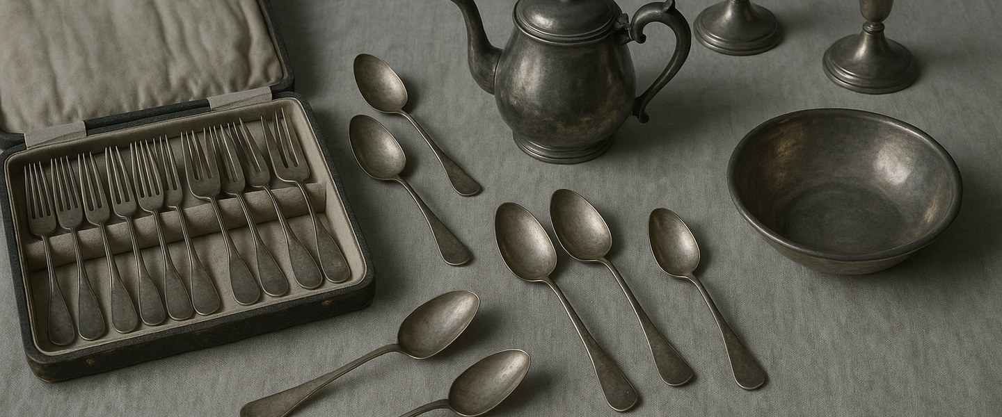 A canteen of antique sterling silver partly unpacked from its case