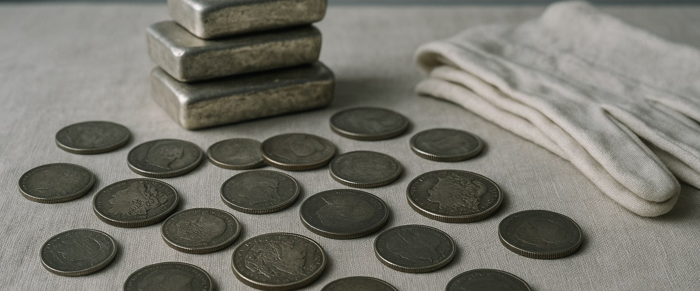 Worn antique silver coins scattered beside poured silver bars