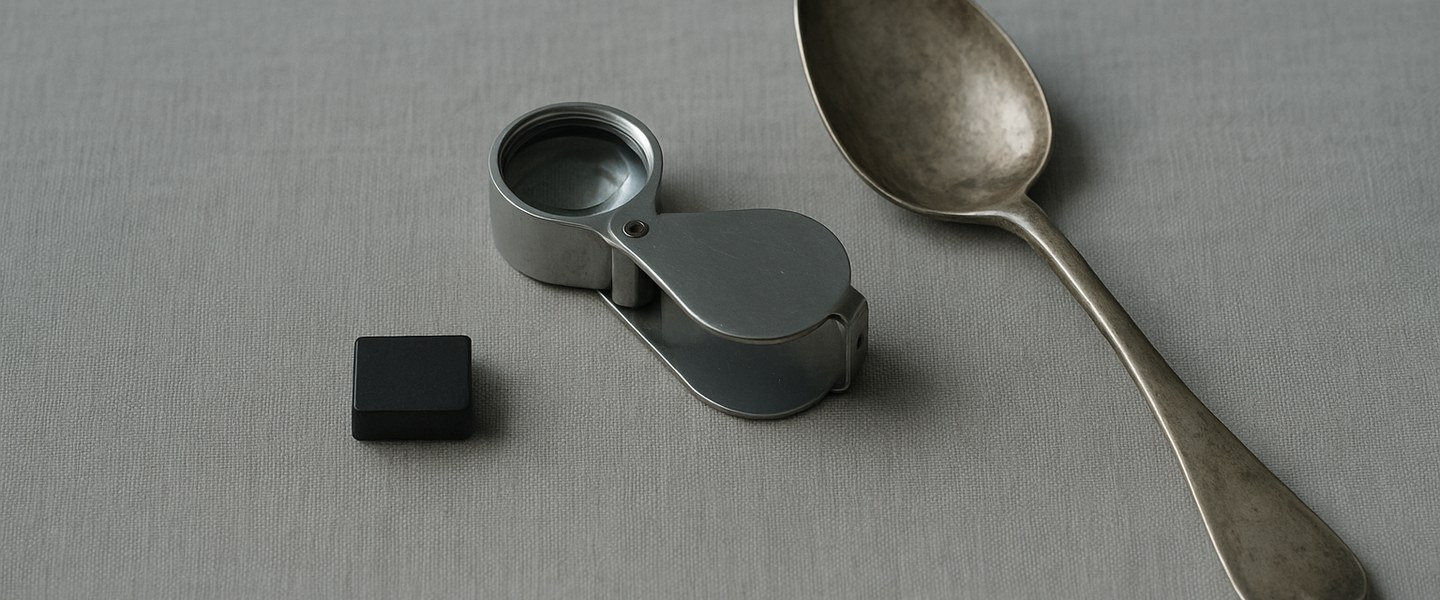 An antique sterling spoon face down beside a jewellers loupe and a magnet