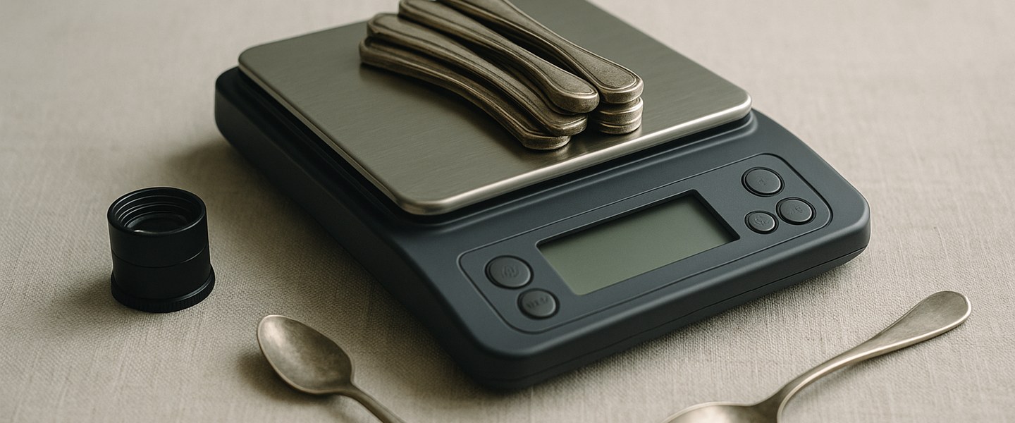A precision bench scale weighing antique sterling silver flatware